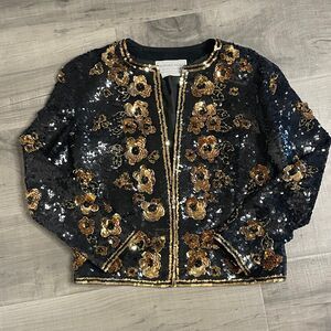 Vintage Howard wolf wool sequin floral long sleeve cardigan shirt shiny sm